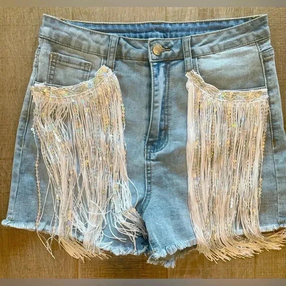 Fringe Blue Jean Shorts - Picture 1 of 4